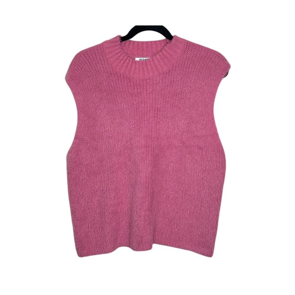 Old Navy Fuzzy Sweater Vest Womens XL Pink Sleeveless Crewneck Knit Top Soft EUC